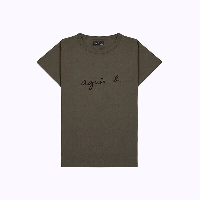 Spring and summer new agnes b cursive PALEESIJA letters pure cotton short-sleeved T-shirt dark blue women's clothing